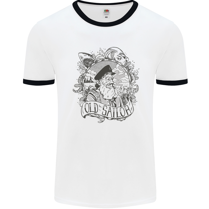 Old Sailor White Shark Octopus Captain Mens White Ringer T-Shirt White/Black