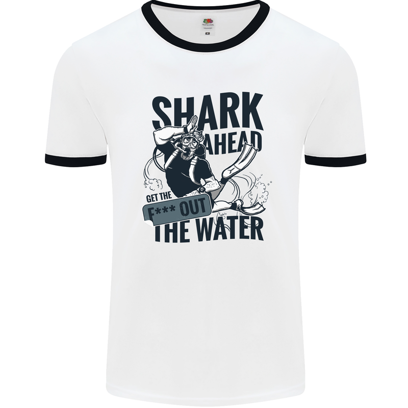 Shark Ahead Funny Scuba Diving Diver Mens White Ringer T-Shirt White/Black