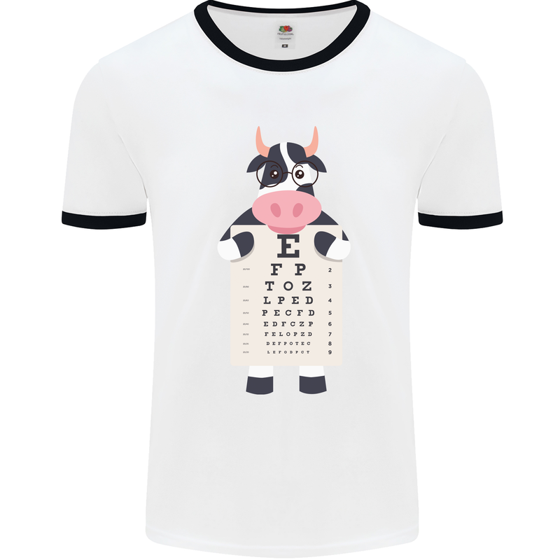 A Cow Holding a Snellen Eye Chart Glasses Mens White Ringer T-Shirt White/Black