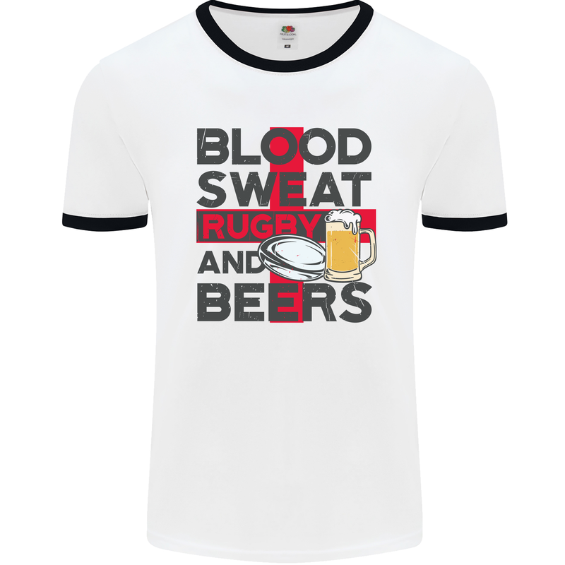 Blood Sweat Rugby and Beers England Funny Mens White Ringer T-Shirt White/Black