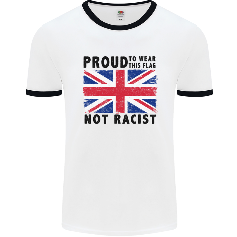 Proud to Wear Flag Not Racist Union Jack Mens White Ringer T-Shirt White/Black