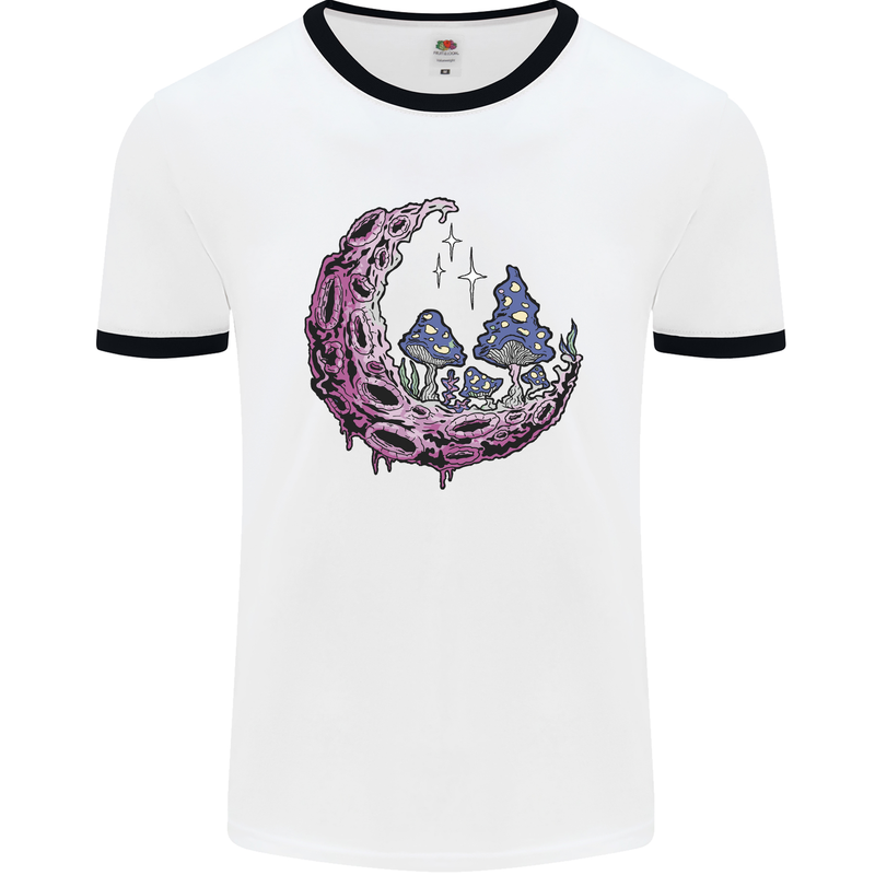 Trippy Magic Mushroom Moon LSD Psychedelic Mens Ringer T-Shirt White/Black