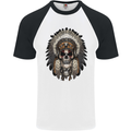 Native American Indian Skull Headdress Mens S/S Baseball T-Shirt White/Black