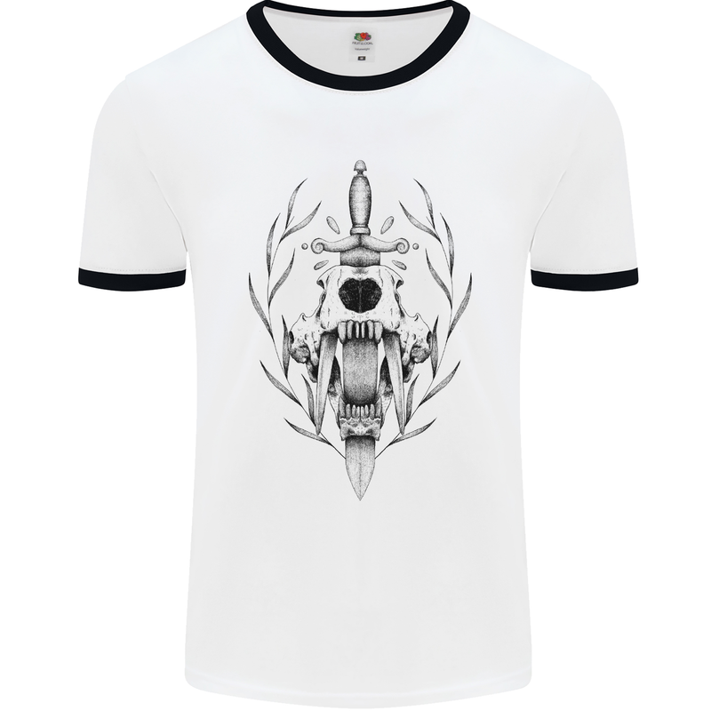 Sabre Tooth Tiger Skull Sword Mens White Ringer T-Shirt White/Black