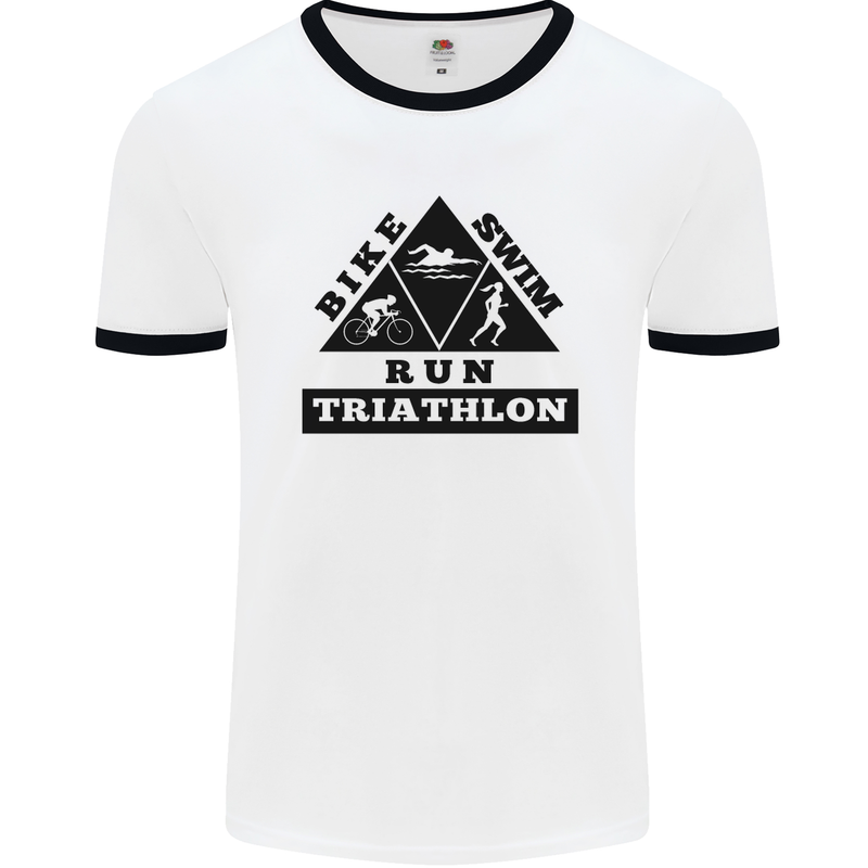 Triathlon Triangle Running Swimming Cycling Mens White Ringer T-Shirt White/Black