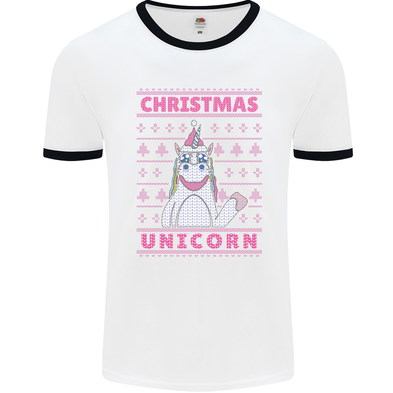 Funny Christmas Unicorn Mens White Ringer T-Shirt White/Black