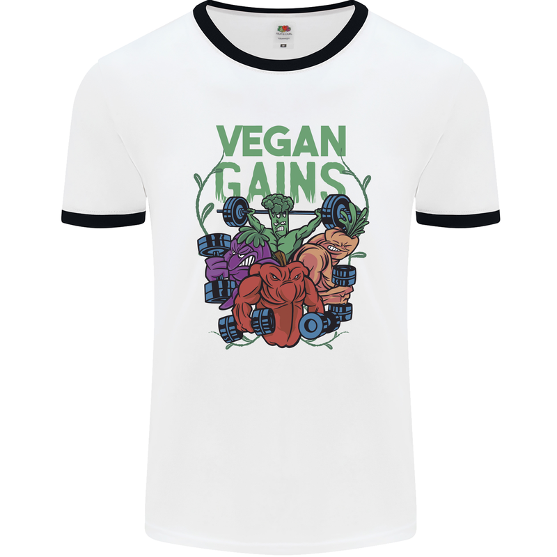 Vegan Gym Bodybuilding Vegetarian Mens Ringer T-Shirt White/Black