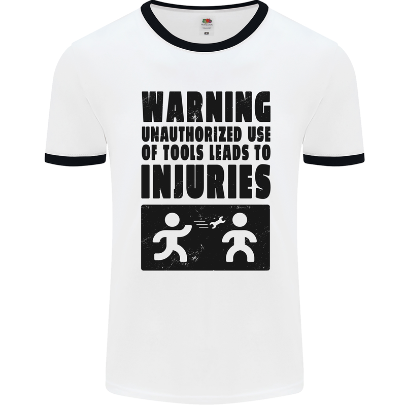 Warning Tools DIY Tradesman Carpenter Mens White Ringer T-Shirt White/Black