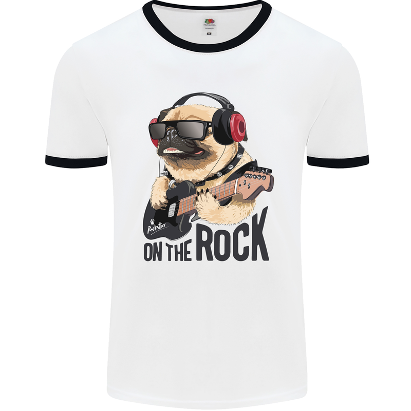 Rock n Roll Pug Funny Guitar Heavy Metal Mens White Ringer T-Shirt White/Black