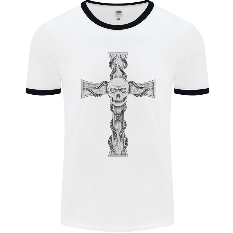 A Gothic Skull and Tentacles on a Cross Mens White Ringer T-Shirt White/Black