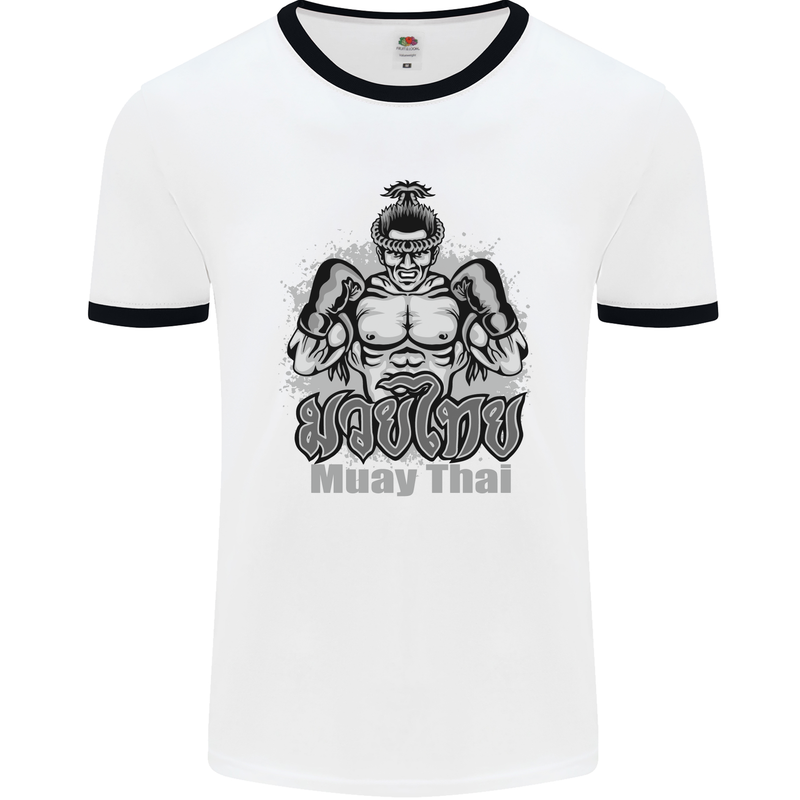 Muay Thai Boxing MMA Martial Arts Kick Mens White Ringer T-Shirt White/Black