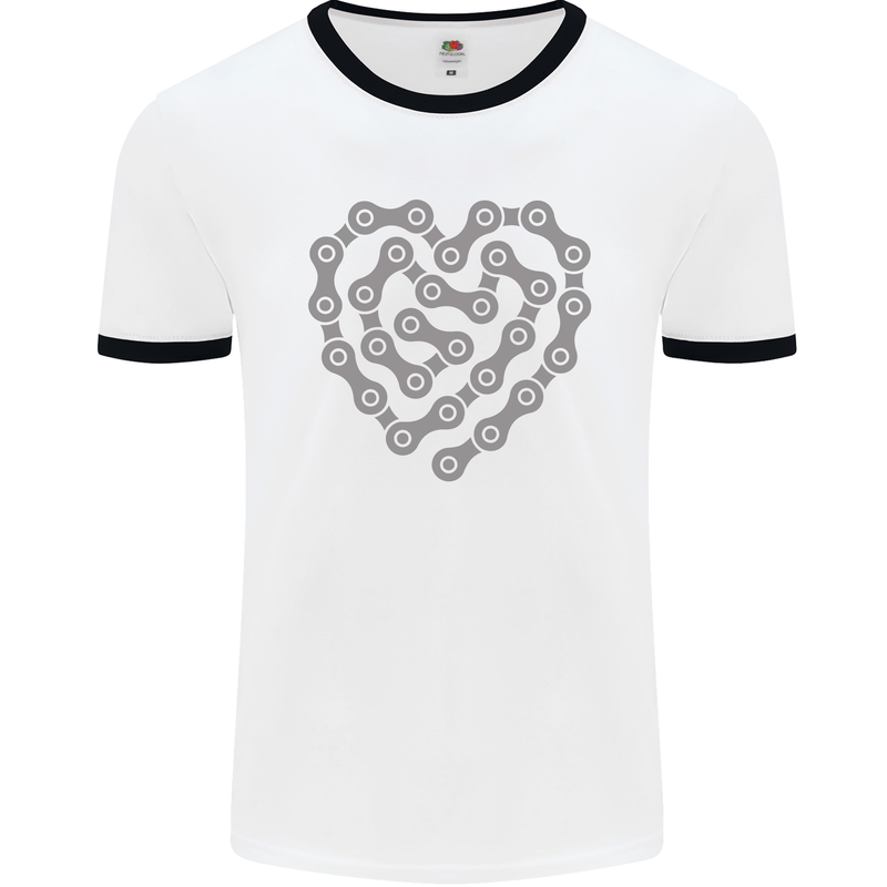 Bike Heart Chain Cycling Biker Motorcycle Mens White Ringer T-Shirt White/Black