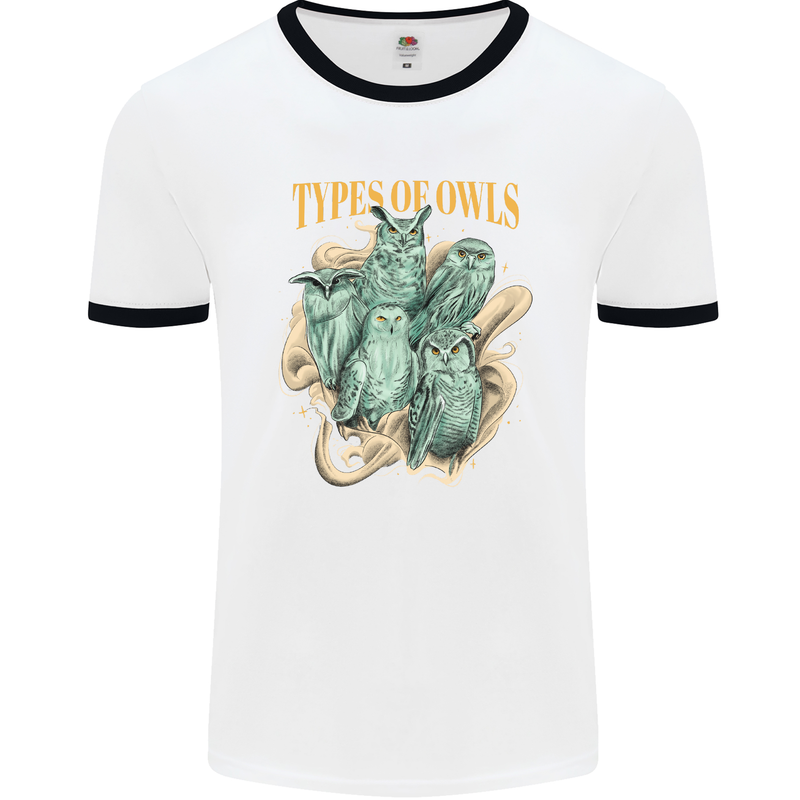 Types of Owls Species Mens Ringer T-Shirt White/Black