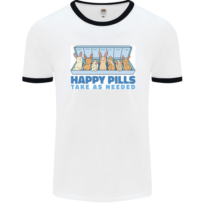 Bunny Rabbit Happy Pills Antidepressant Mens Ringer T-Shirt White/Black