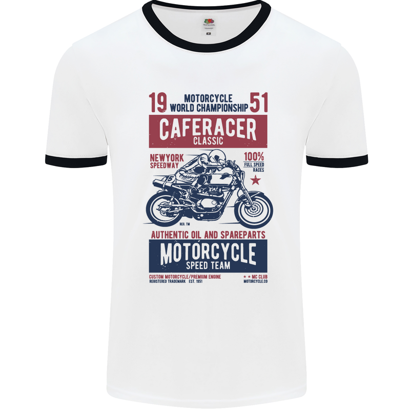 Biker Cafe Racer 1951 Motorbike Motorcycle Mens White Ringer T-Shirt White/Black