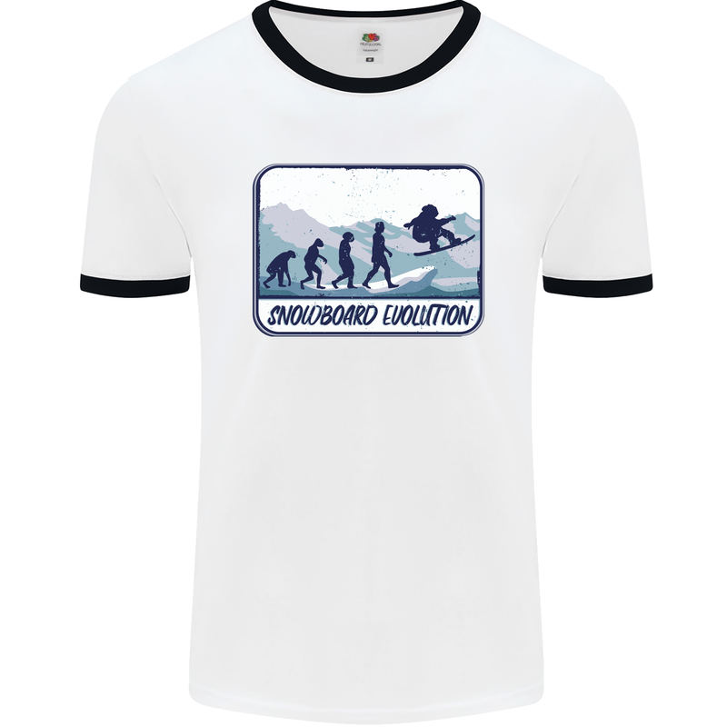 Snowboarding Evolution Funny Snowboarder Mens White Ringer T-Shirt White/Black