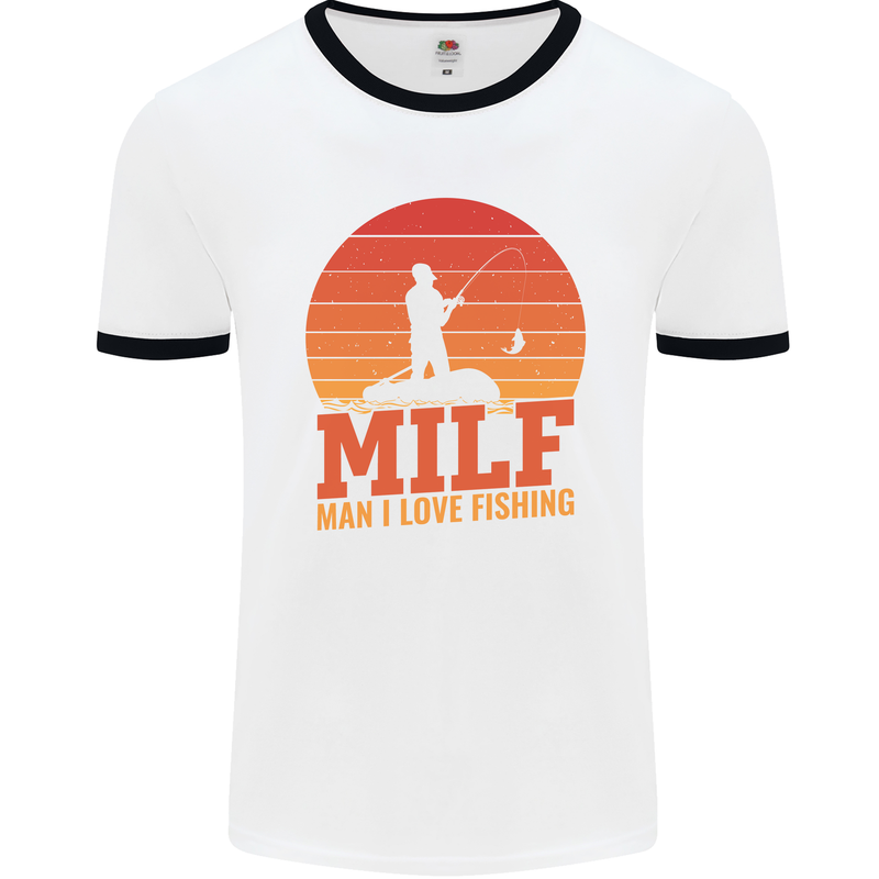 MILF Fishing Funny Fisherman Father's Day Mens White Ringer T-Shirt White/Black