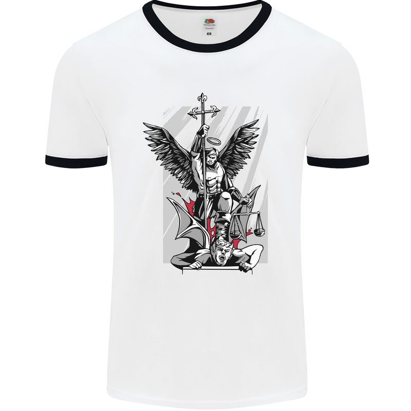 St. Michael Killing the Devil Christian God Mens White Ringer T-Shirt White/Black