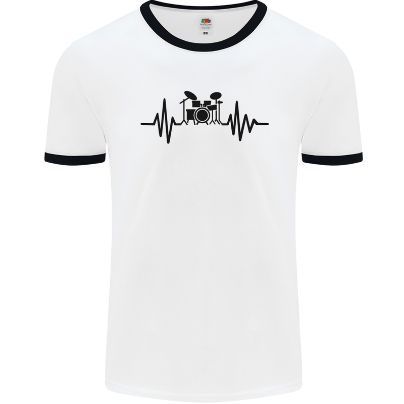 Drum Kit Pulse ECG Drummer Drumming Drum Mens White Ringer T-Shirt White/Black