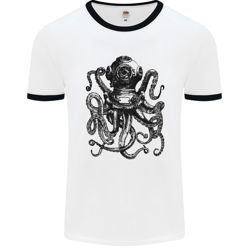 Scuba Octopus Diver Dive Diving Mens White Ringer T-Shirt White/Black