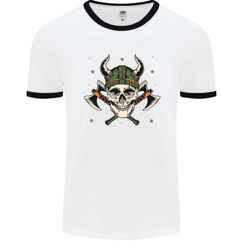 Viking Skull With Axes and Helmet Mens White Ringer T-Shirt White/Black