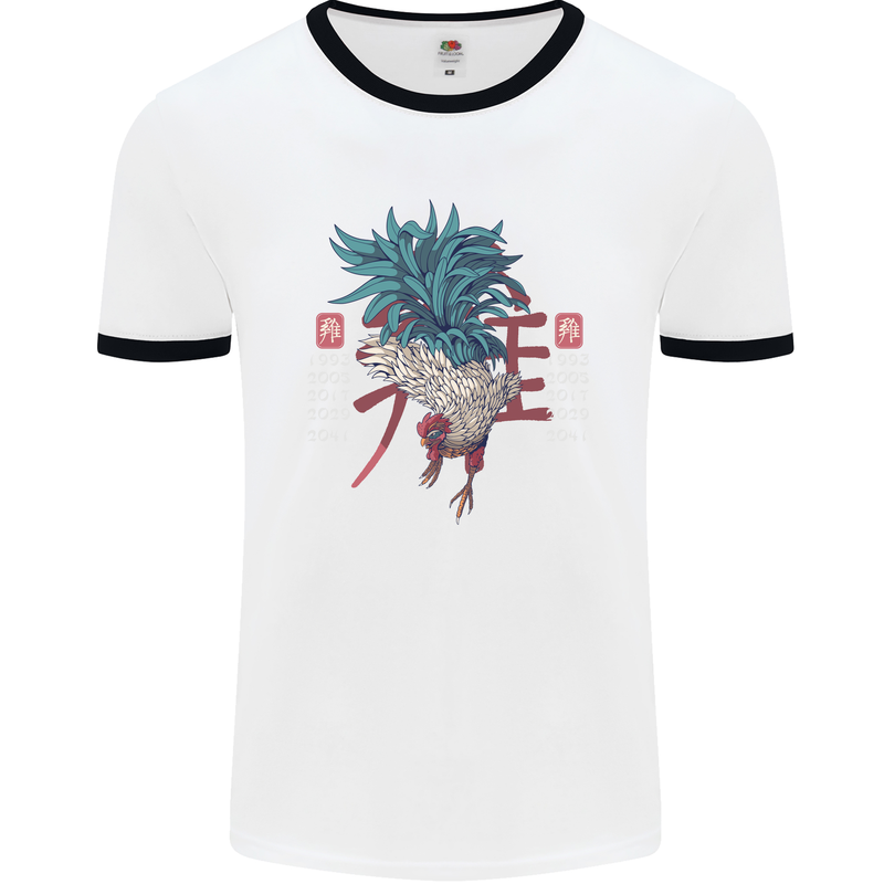 Chinese Zodiac Year of the Rooster Mens White Ringer T-Shirt White/Black