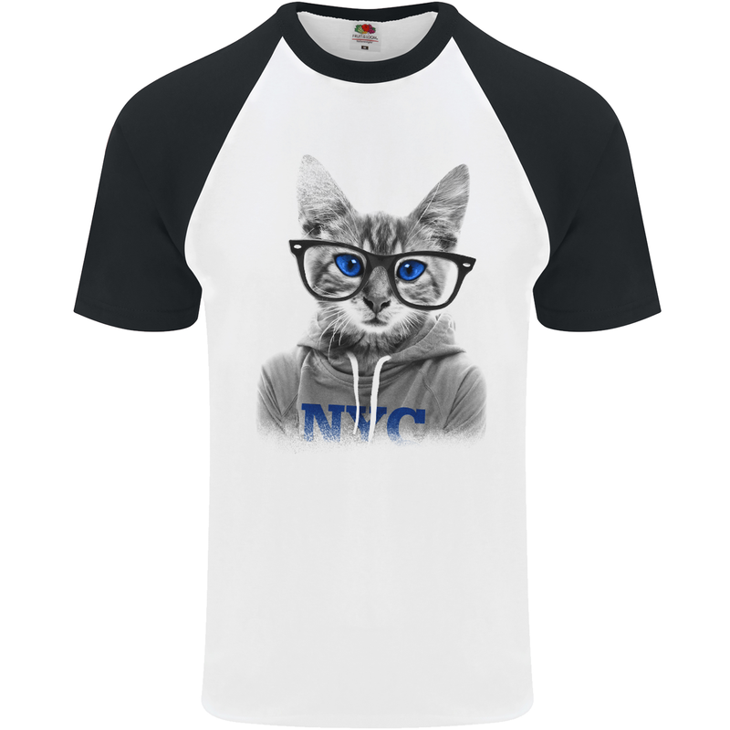 New York City Cat With Glasses Mens S/S Baseball T-Shirt White/Black