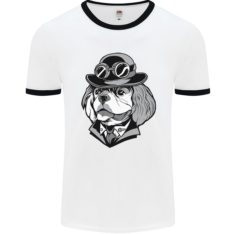 Steampunk King Charles Spaniel Cavelier Mens White Ringer T-Shirt White/Black