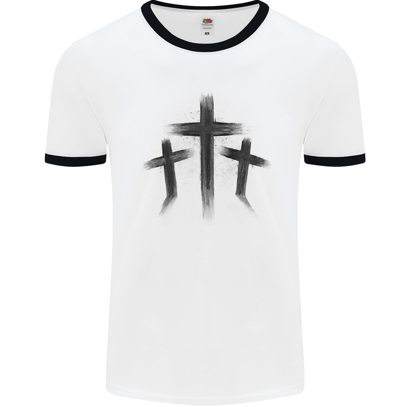 Three Grunge Crosses Gothic Mens Ringer T-Shirt White/Black