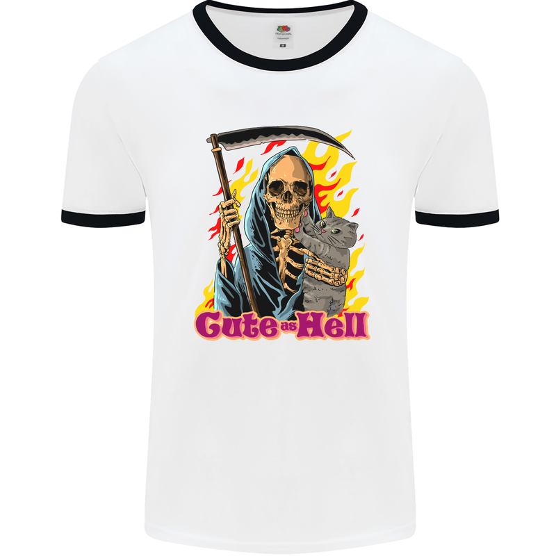 Cute Hell Cat Grim Reaper Skull Halloween Mens White Ringer T-Shirt White/Black