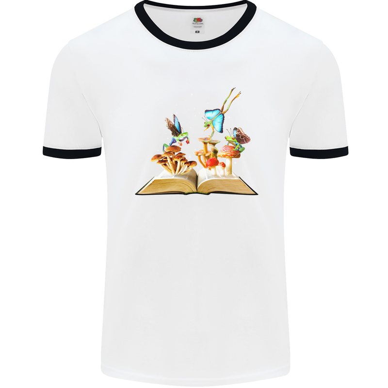Trippy Nature Book Magic Mushrooms LSD Mens Ringer T-Shirt White/Black