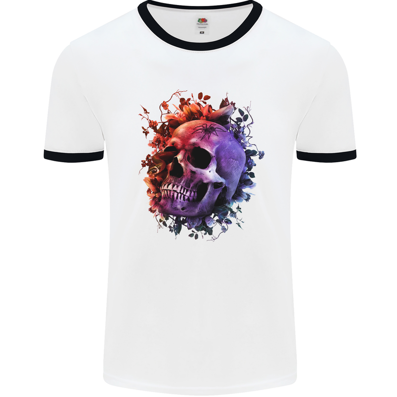 Skull With Spider Flowers and Spider Mens White Ringer T-Shirt White/Black