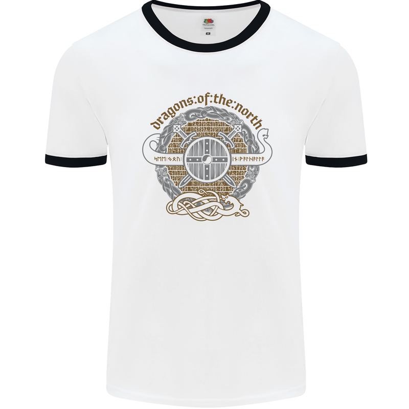 Dragons North Viking Valhalla Thor Odin Mens White Ringer T-Shirt White/Black