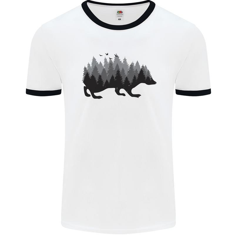 A Hedgehog Depicting a Forest Mens White Ringer T-Shirt White/Black