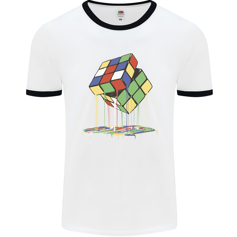 Dripping Rubik Cube Funny Puzzle Mens White Ringer T-Shirt White/Black