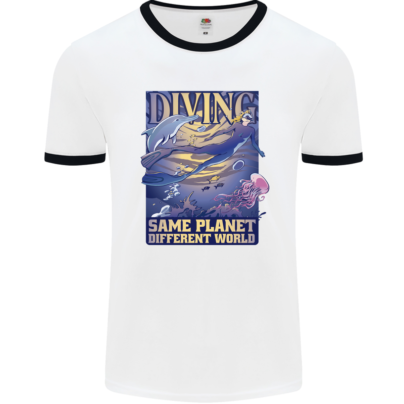 Diver Same Planet Different World Mens White Ringer T-Shirt White/Black