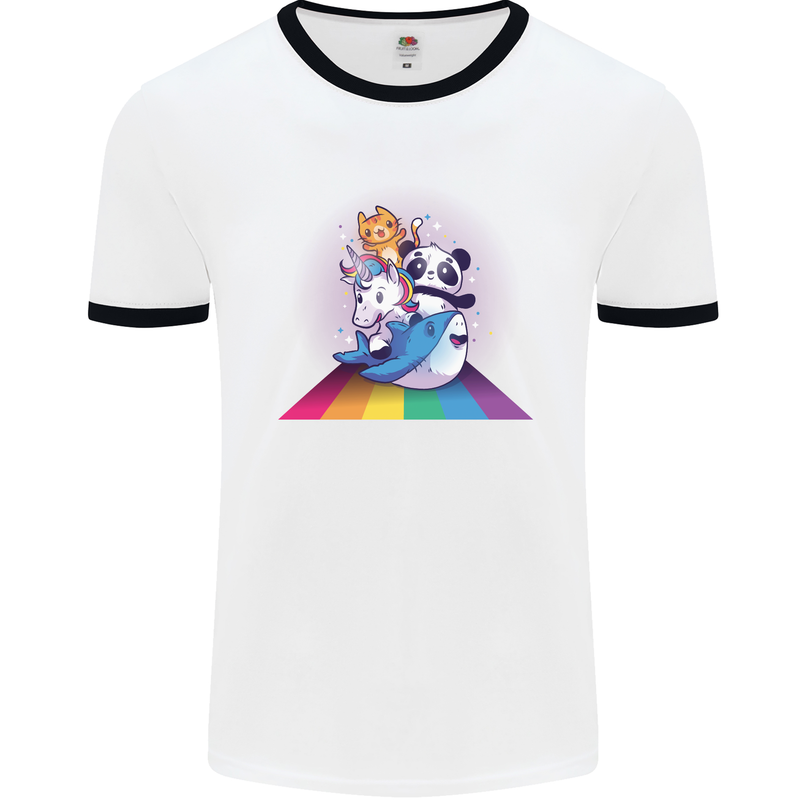 Mystical Panda Bear Unicorn Cat and Shark Mens Ringer T-Shirt White/Black