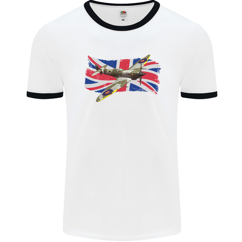 Supermarine Spitfire with the Union Jack Mens White Ringer T-Shirt White/Black