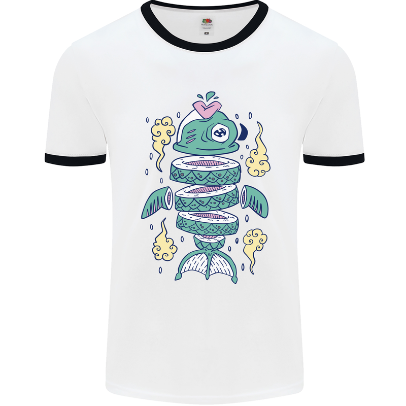 Funny Sliced Sushi Fish Fishing Fisherman Mens White Ringer T-Shirt White/Black