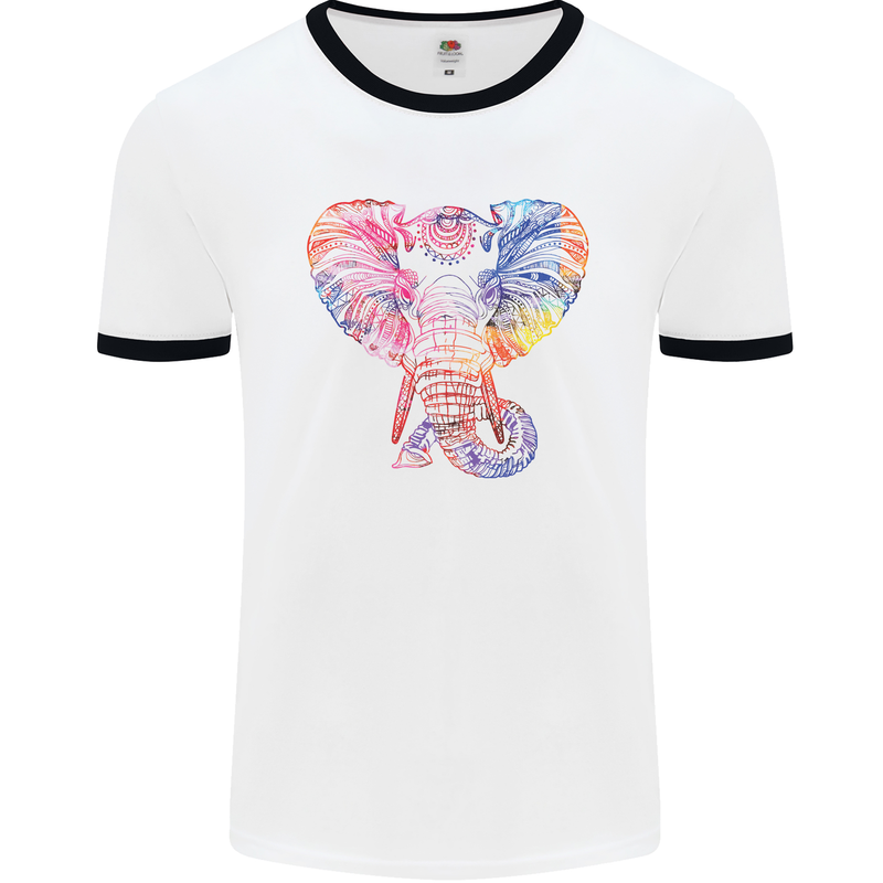 Mandala Art Elephant Contemporary Mens White Ringer T-Shirt White/Black