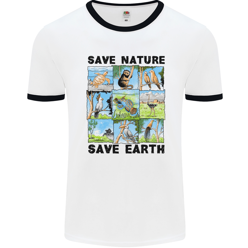 Save Nature Save Earth Ecology Environment Mens White Ringer T-Shirt White/Black