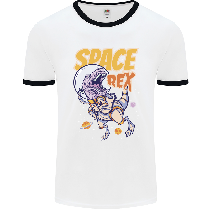 Space T-Rex Dinosaur Dino Astronaut Mens White Ringer T-Shirt White/Black