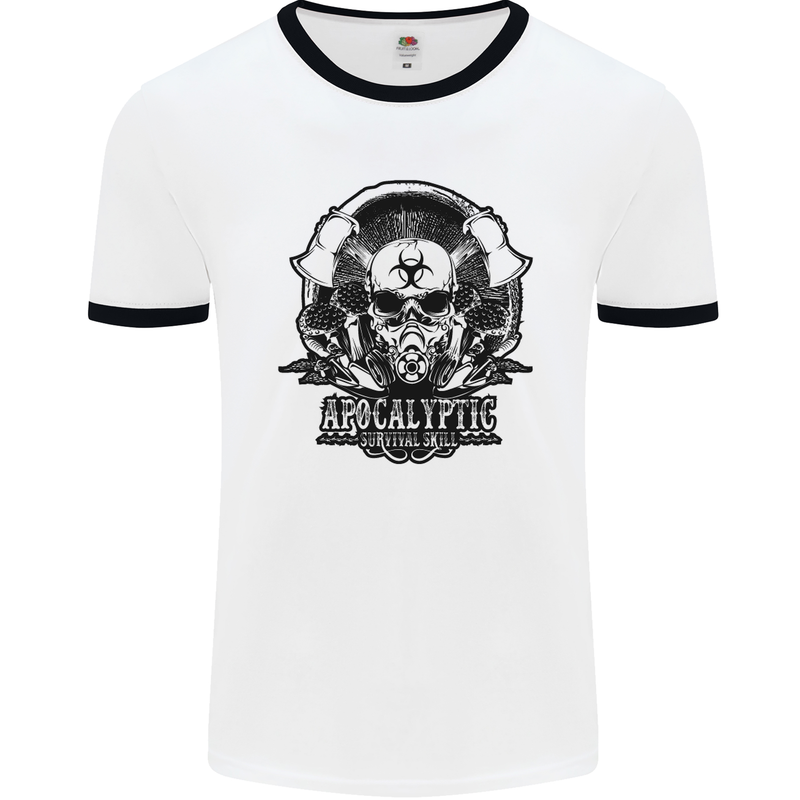 Apocalyptic Survival Skull Gamer Gaming Mens White Ringer T-Shirt White/Black