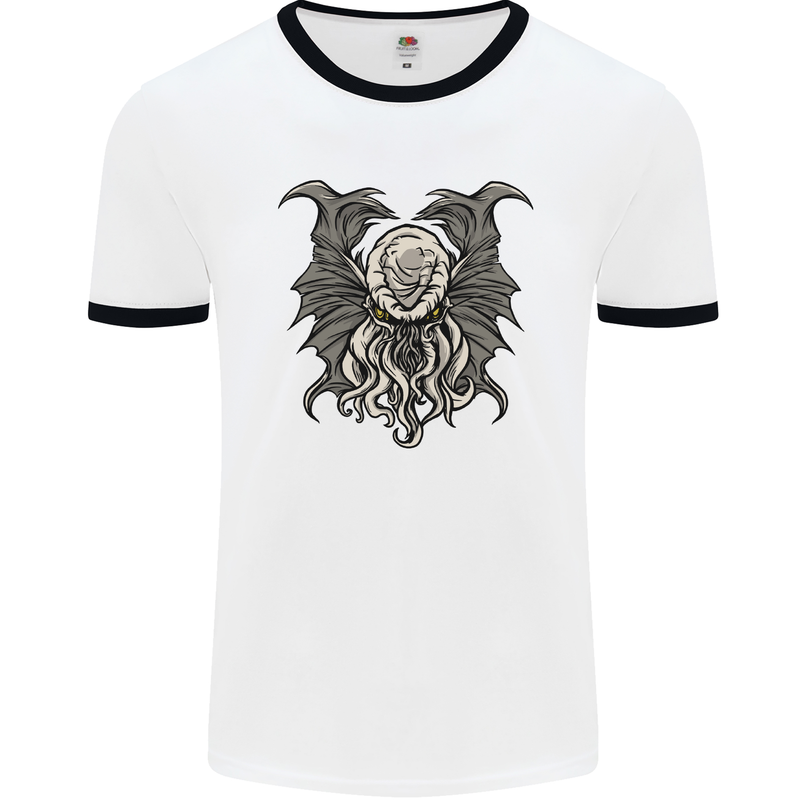 Cthulhu Entity Kraken Mens White Ringer T-Shirt White/Black