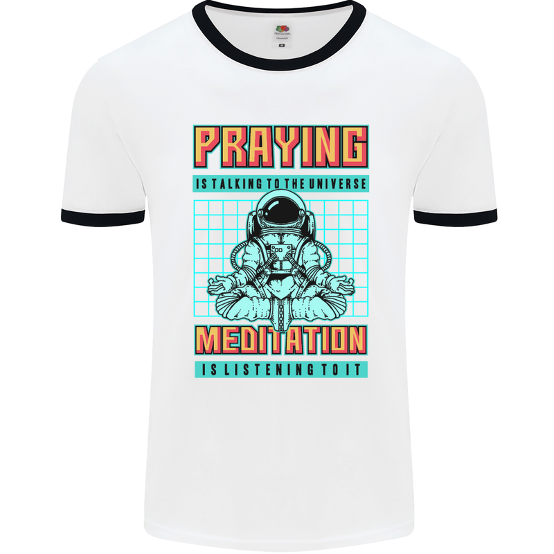 Praying and Meditation Space Universe Yoga Mens White Ringer T-Shirt White/Black