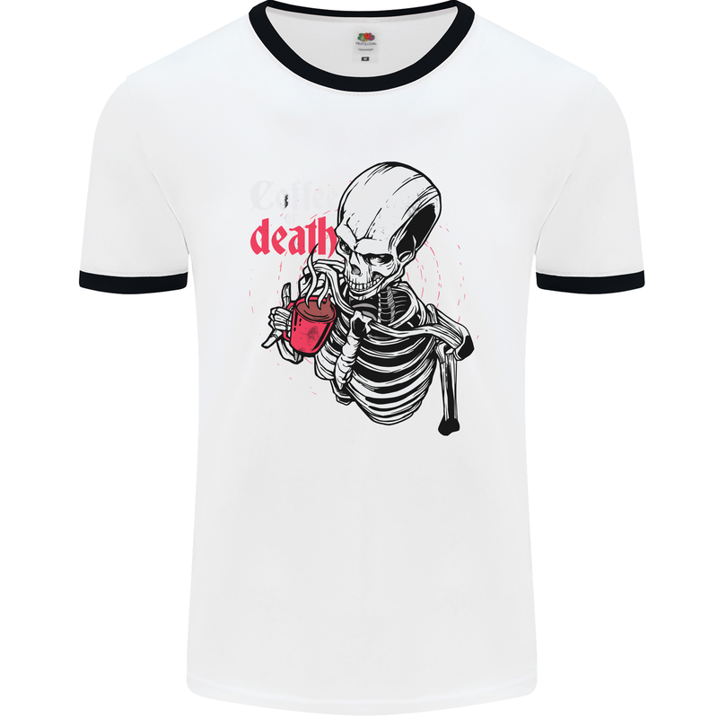 Coffee or Death Skull Mens White Ringer T-Shirt White/Black