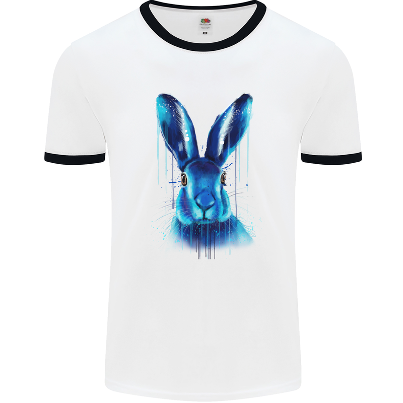 Rabbit Watercolour Mens White Ringer T-Shirt White/Black