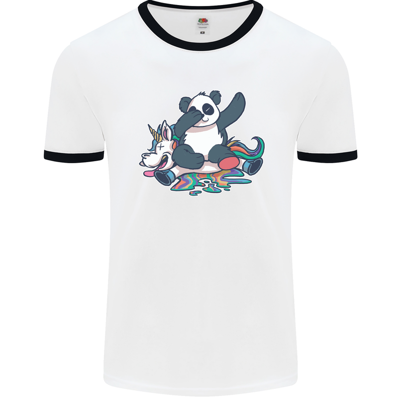 Dabbing Panda Squashing a Unicorn Funny Mens White Ringer T-Shirt White/Black