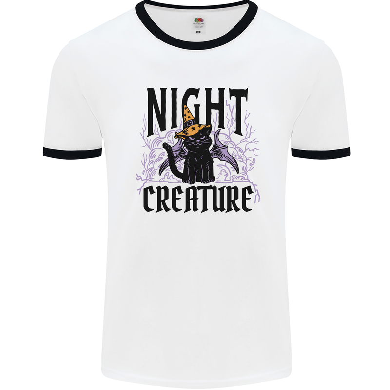 Halloween Cat Night Creature Witch Mens White Ringer T-Shirt White/Black