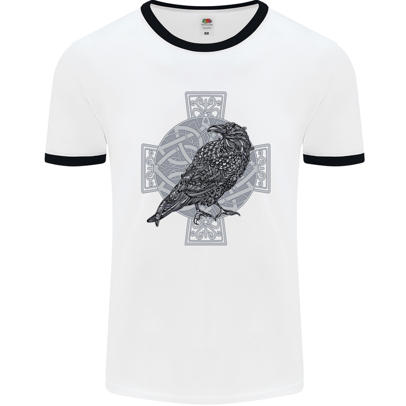 Odin Celtic Raven Viking Tattoo Cross Runic Mens White Ringer T-Shirt White/Black